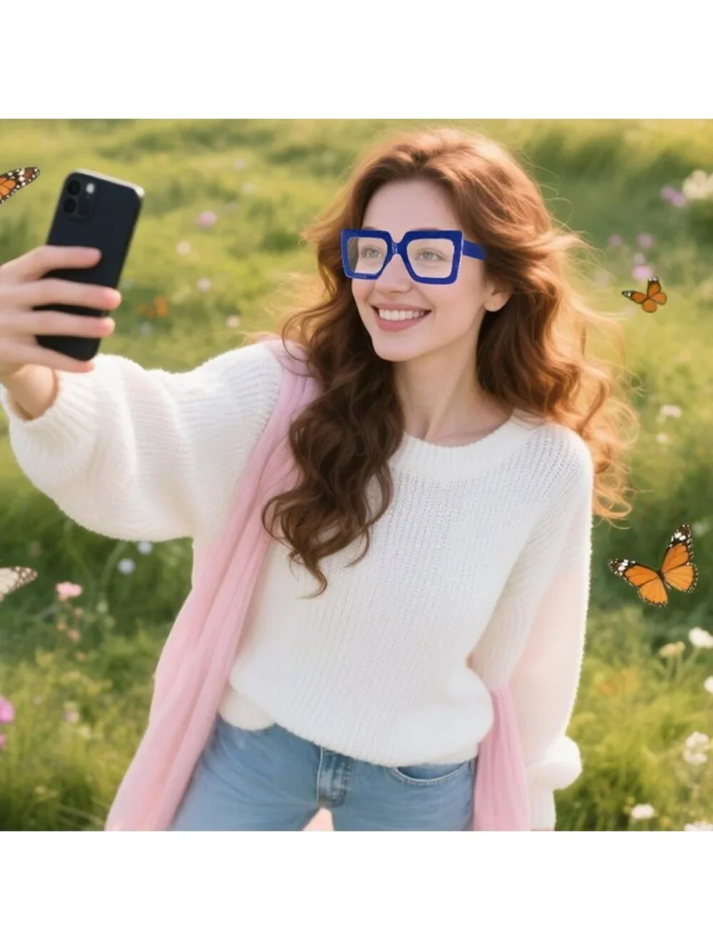Women's Blue Oversized Square Big Frame Computer Eyewear Thick Fashion Glasses